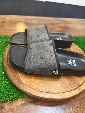 MCM Gray Logo Slide Sandals